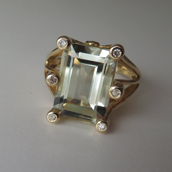 Natural Prasiolite Green Quartz Natural Diamonds 14K Yellow Gold Cocktail Ring - Picture 4 of 12